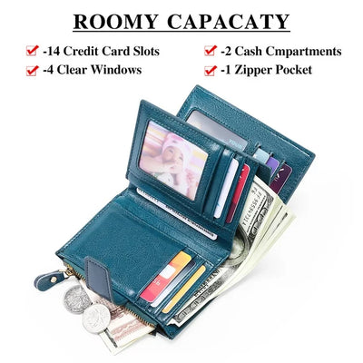 FALAN MULE Small Wallet for Women Genuine Leather Bifold Purse RFID Blocking Card Holder