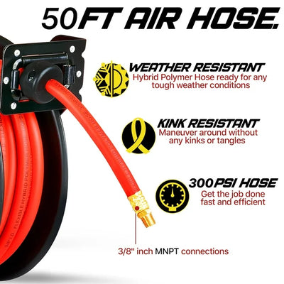 ReelWorks Steel Retractable Air Compressor/Water Hose Reel with 3/8" x 50' Hybrid Polymer Hose, Max. 300 psi