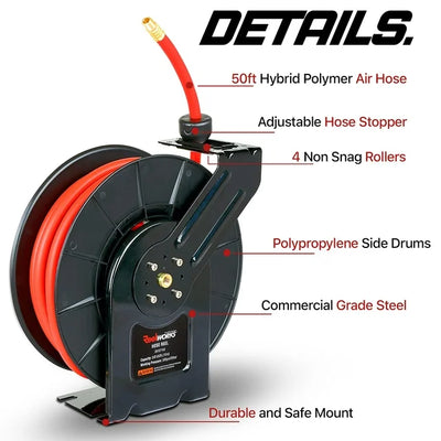 ReelWorks Steel Retractable Air Compressor/Water Hose Reel with 3/8" x 50' Hybrid Polymer Hose, Max. 300 psi